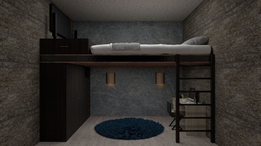 A loft bed with a desk underneath in a study area